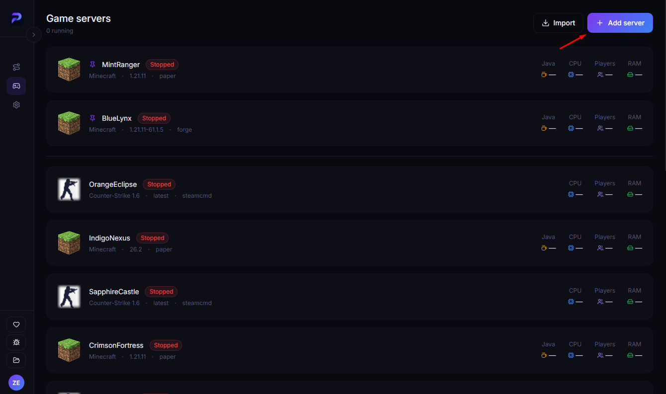 The Game servers screen with the Add server button
