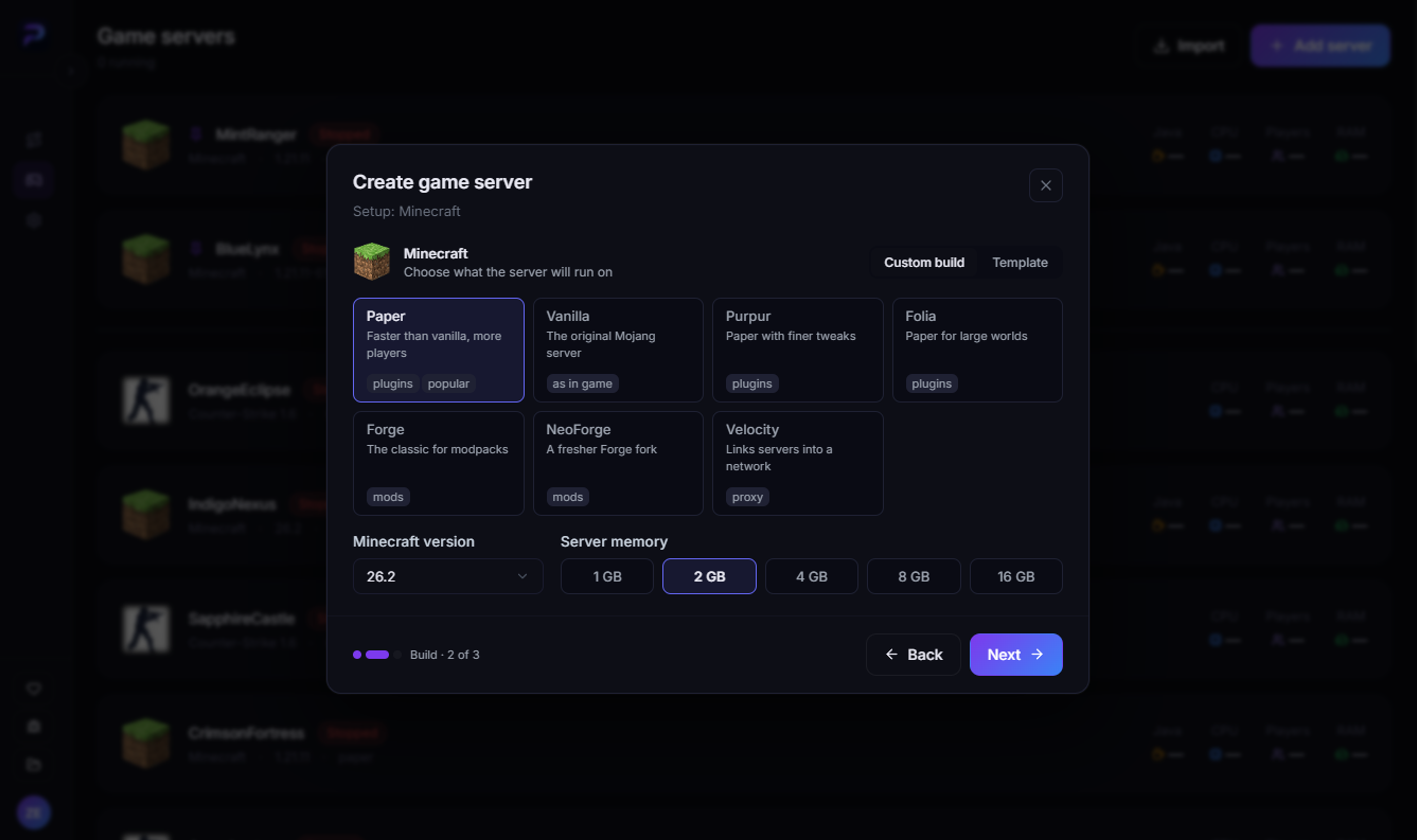 The Build step for Minecraft: Custom build and Template, cores, version and memory