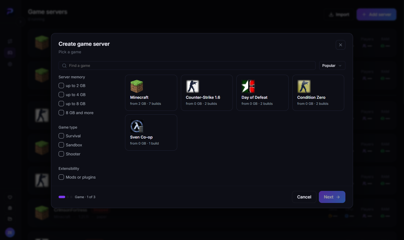 The Game step: the game list with search and filters