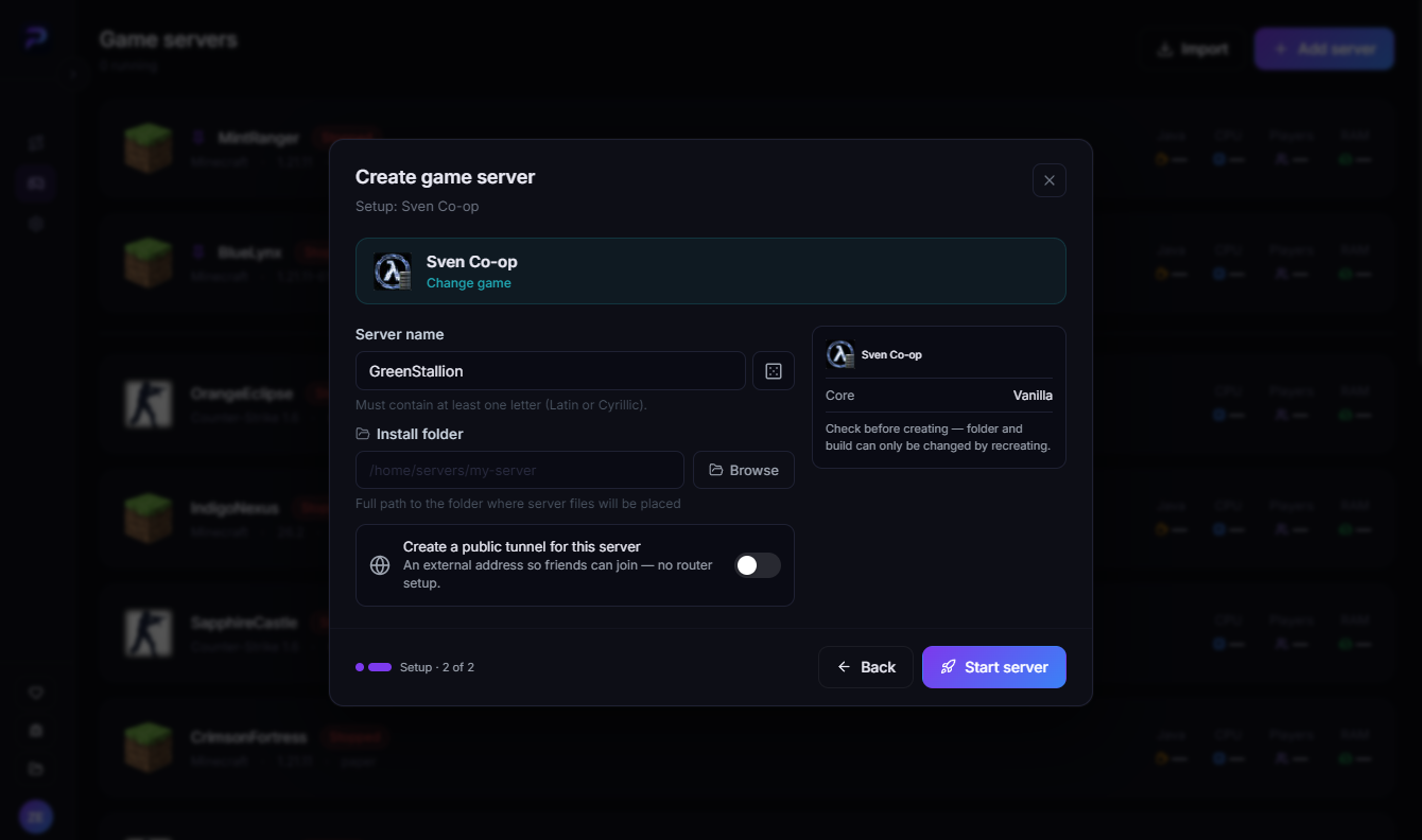 The Setup step for Sven Co-op: name, folder, tunnel and the summary with the Vanilla core
