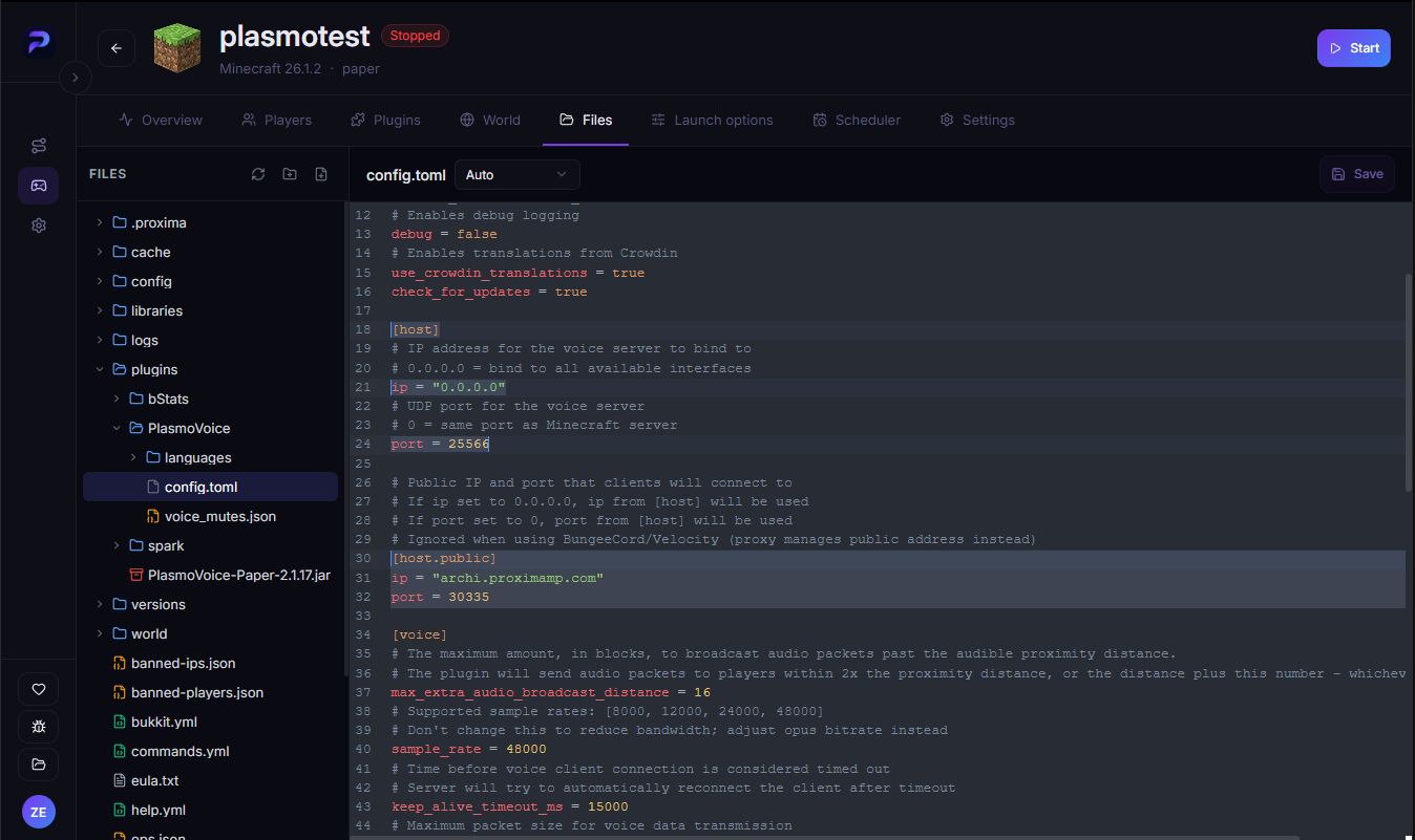 config.toml in the ProximaClient editor