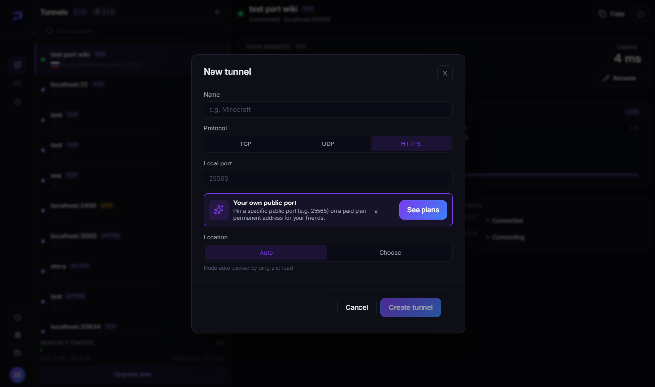 The New tunnel dialog with HTTPS selected