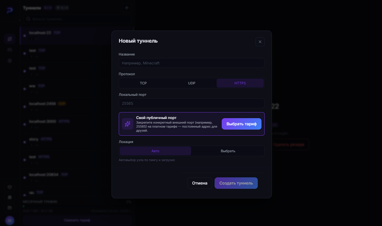 Окно «Новый туннель» с выбранным протоколом HTTPS