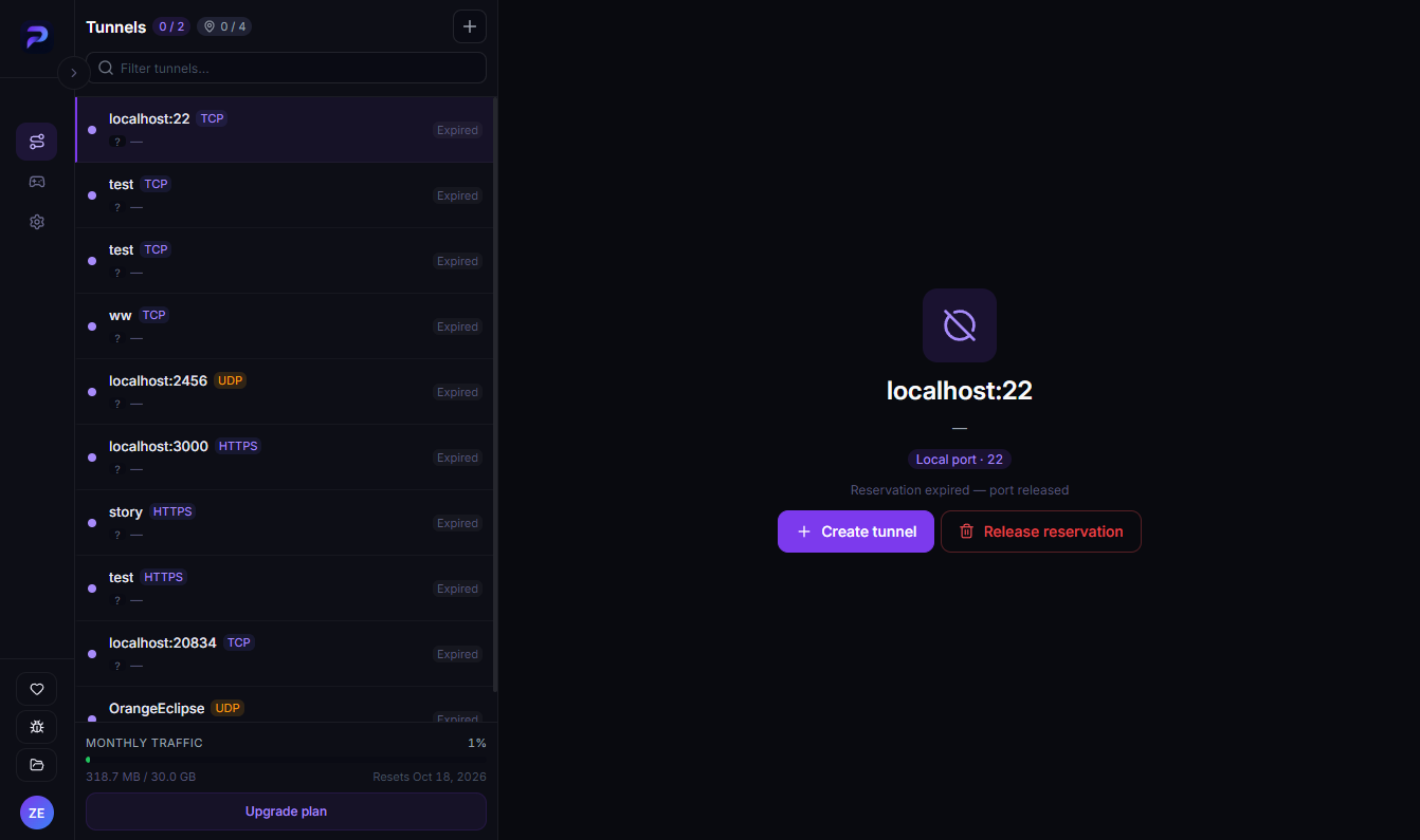 An expired reservation with the Create tunnel and Release reservation buttons